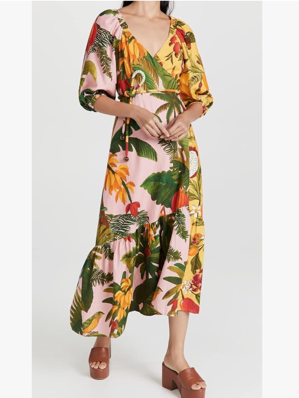 Farm Rio Mixed Prints Midi Wrap Dress in Linen Blend Fruits & Florals Size S
